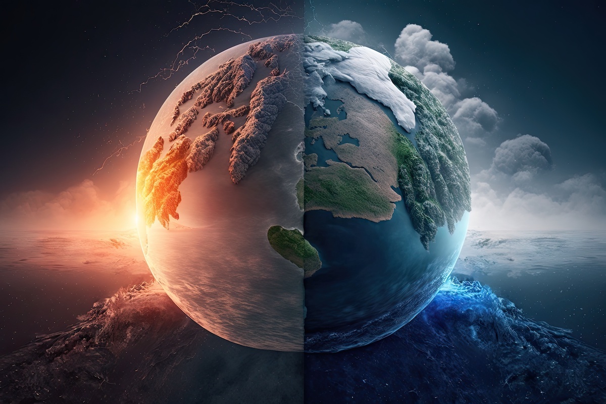 Conceptual of climate change and global warming with melting icebergs, rising sea levels, and extreme weather events. Generative AI